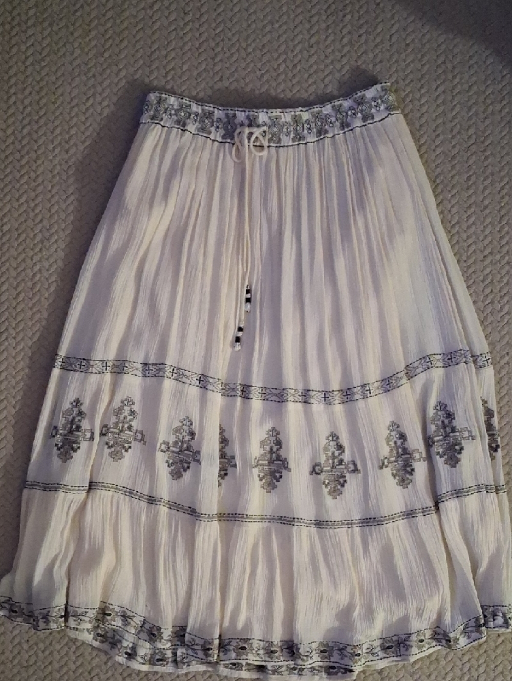 Eli Tahari Creme Embroidered Maxi Skirt with Drawstring Waist